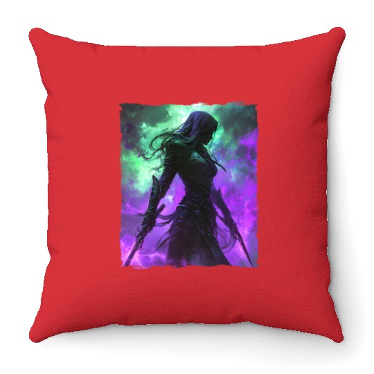 Mystical Assassin Woman In Violet Fog Fantasy Throw Pillows