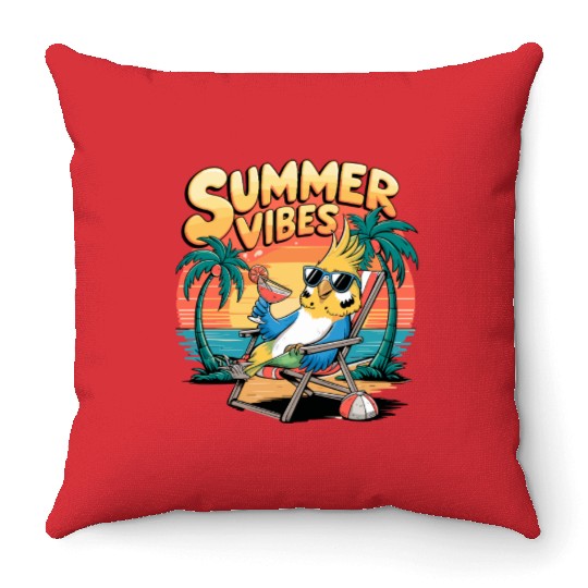 Summer Vibes Tropical Cockatoo Beach Relaxation Throw Pillows