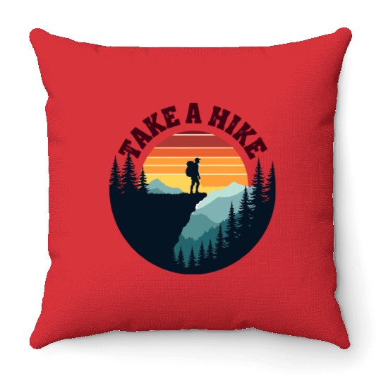 Take A Hike - Vintage Sunset Mountain Silhouette Throw Pillows
