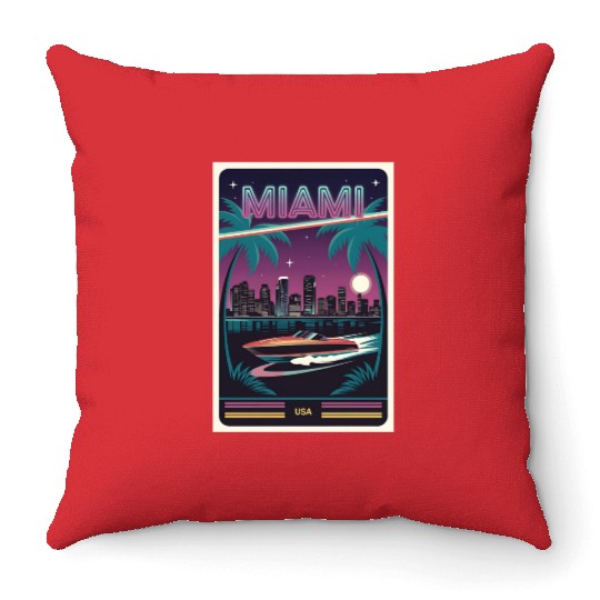 Miami Neon Retro Poster Vintage Souvenir Throw Pillows