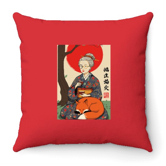 Older japanese mom sippin tea sitting with red fox Throw Pillows