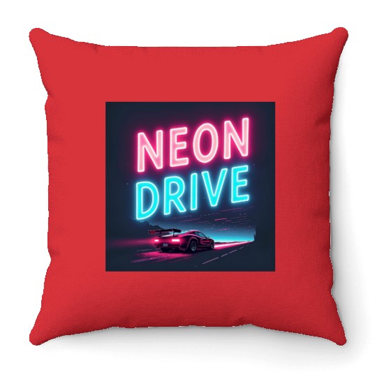 Neon Drive - Retro Synthwave Design Throw Pillows