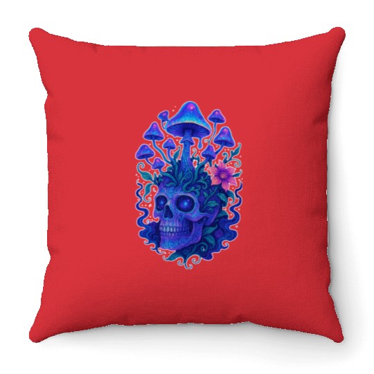 Fungi Mind - Trippy Skull Bloom Throw Pillows