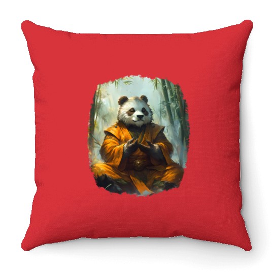 Meditating Panda In The Zen Bamboo Forest Throw Pillows