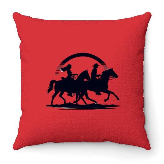 Western Sunset Horseback Riders Throw Pillows