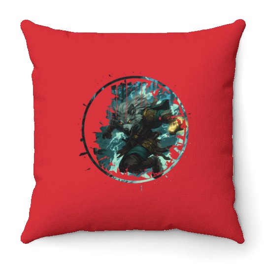 Mystical Werewolf With Magic In The Dark Forest Throw Pillows