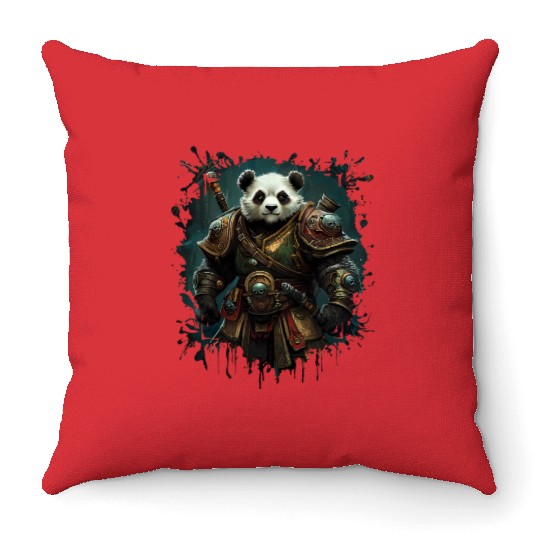 Panda Hero In Gold Armor Against Fantasy Backdrop Throw Pillows