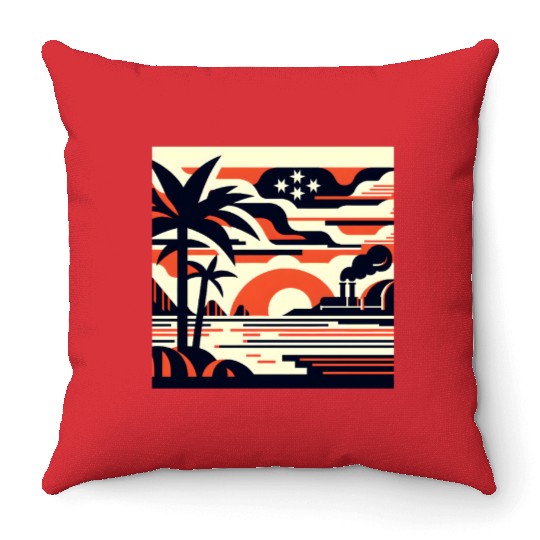 Twilight Palm & Factory Scene Throw Pillows