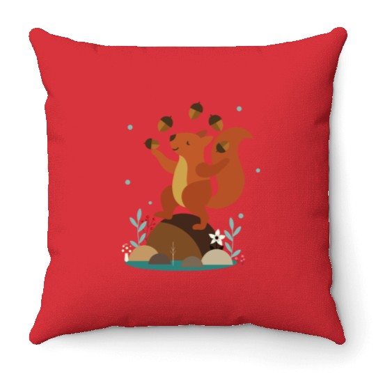 Juggling Squirrel - Funny Forest Scene Throw Pillows