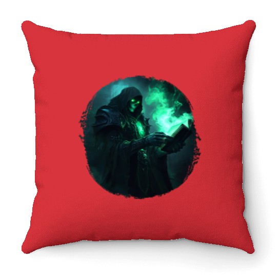 Green Shadow Mage with Burning Spell Book Throw Pillows
