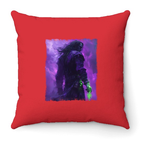 Dark Spell Warrior with Purple Mist Energy Throw Pillows