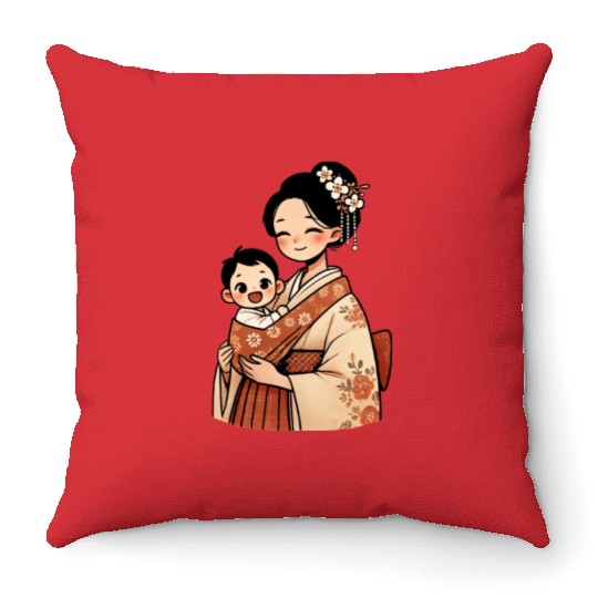 Elegant Asian Woman in Kimono Holding Baby Throw Pillows