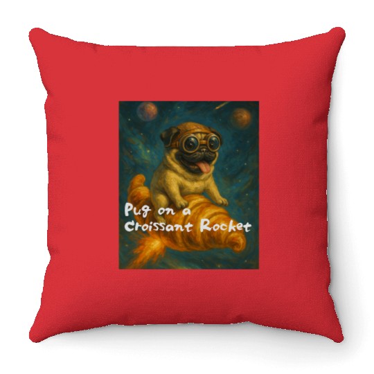 Pug on a Croissant Rocket Throw Pillows