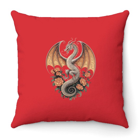 Majestic Dragon with Roses Fantasy Design Throw Pillows