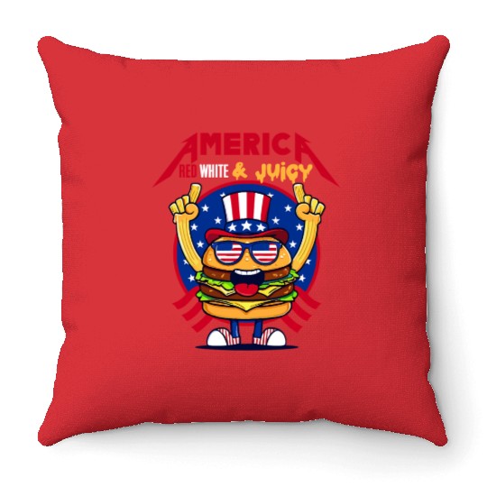 4th Of July Patriotic Red White n Juicy Hamburger Throw Pillows