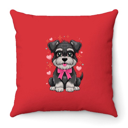 Cute Schnauzer With Pink Bow Surrounded by Hearts Throw Pillows