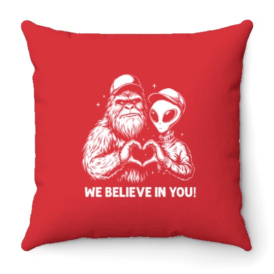 Alien Bigfoot Heart Hands Cryptid Funny Throw Pillows