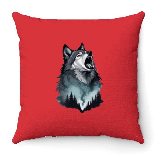 Howling Wolf Under the Northern Sky Throw Pillows
