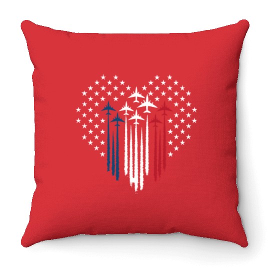 Fighter Jet Airplane USA Flag Heart Throw Pillows