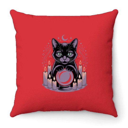 Witchy Cat with Crystal Ball and Candles Throw Pillows