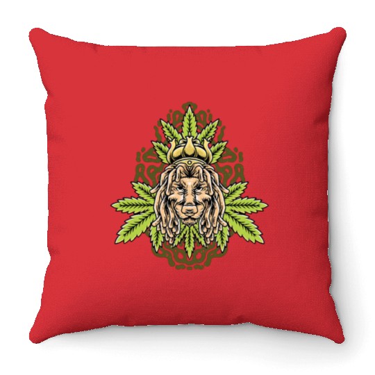 handdrawn lion marijuana leaf with old school t Throw Pillows