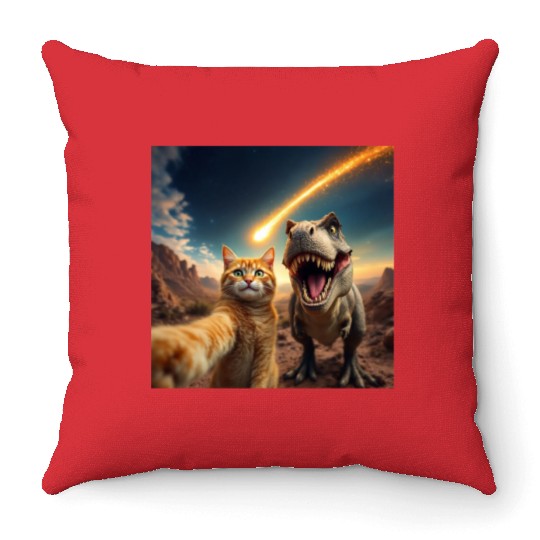 Cat and Dinosaur Meteor Selfie Meme Funny Throw Pillows