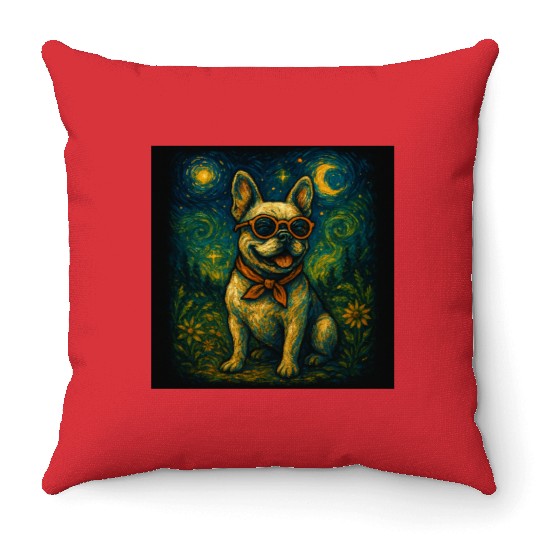 Starry Night Dog Funny Art Style Retro Glasses Pet Throw Pillows