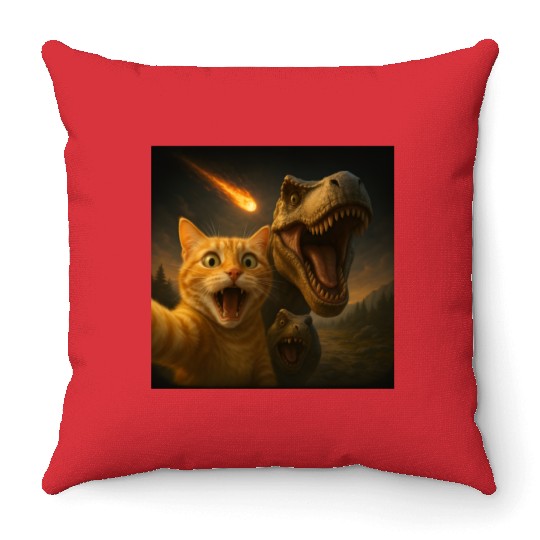 Funny Cat Dino Selfie Meteor Meme Surreal Apocalyp Throw Pillows