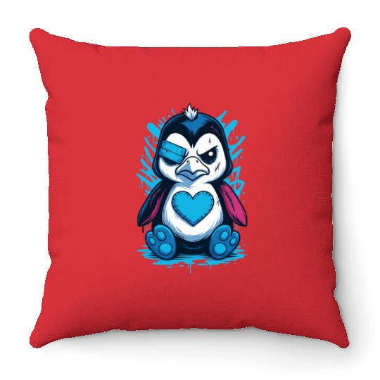 Punk penguin cartoon heart street art gothic Throw Pillows