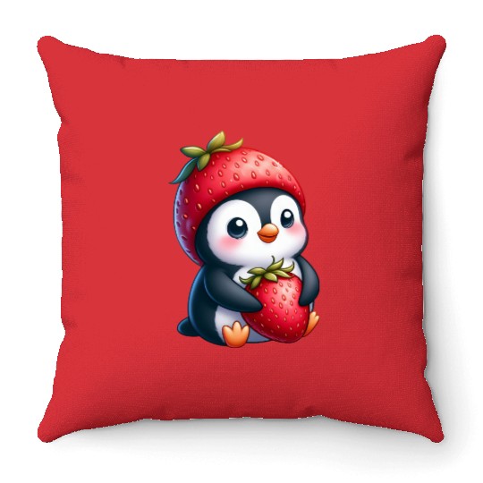 Cute penguin with strawberry cartoon summer fun Throw Pillows