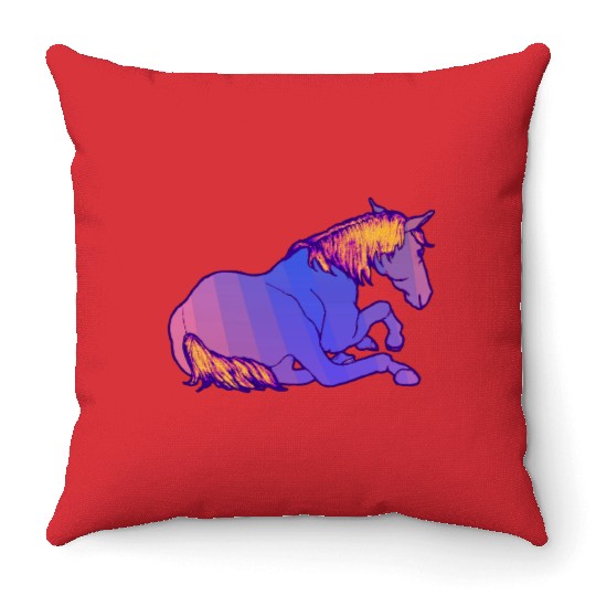 Purple Horse Lying Down, Hand Drawn, Bright Colors Throw Pillows