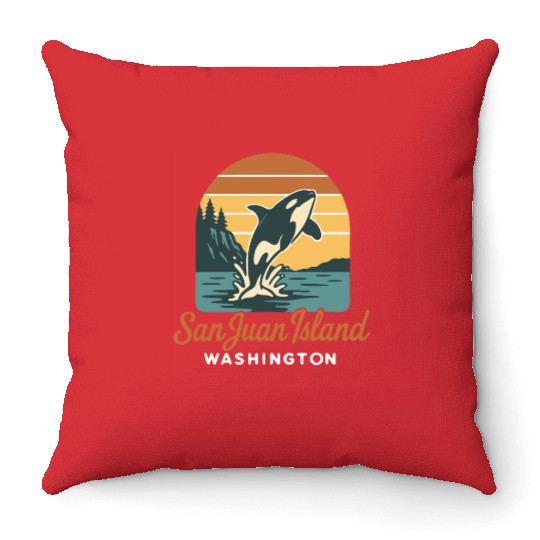San Juan Island Washington Orca Whale Retro Sunset Throw Pillows