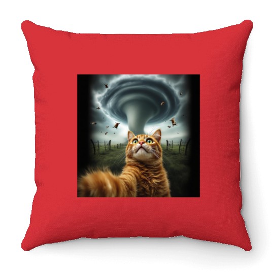 Funny Tornado Cat Selfie Flying Cow Meme Throw Pillows