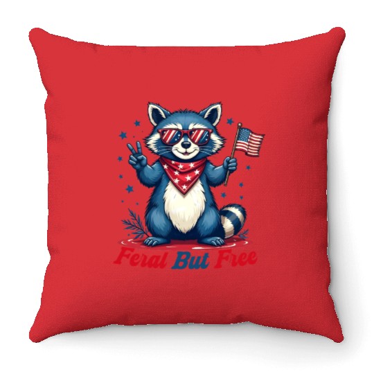 Feral But Free Funny Patriotic Raccoon 4th of july Throw Pillows