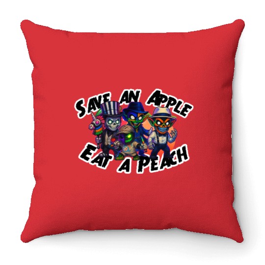 peachy kings Save an Apple Eat a Peach Throw Pillows