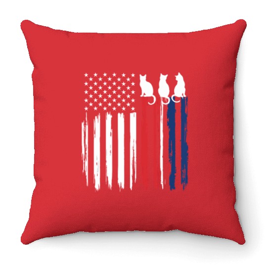 Patriotic Cat Lover - American Flag with Cat Silho Throw Pillows