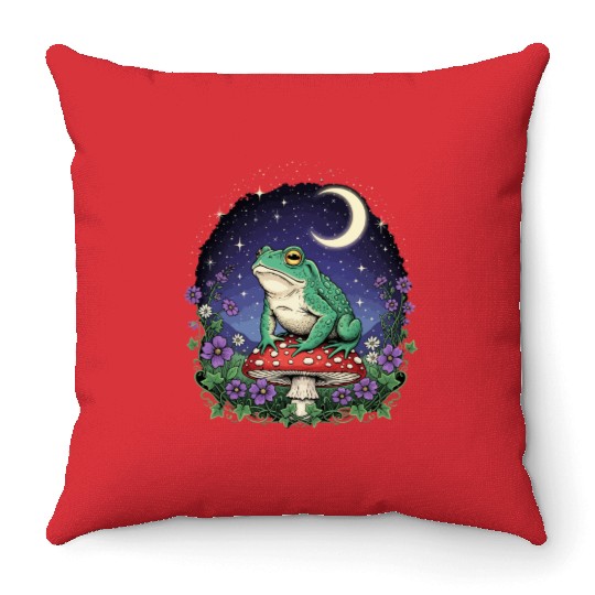 Green Frog on Red Mushroom - Starry Night Throw Pillows