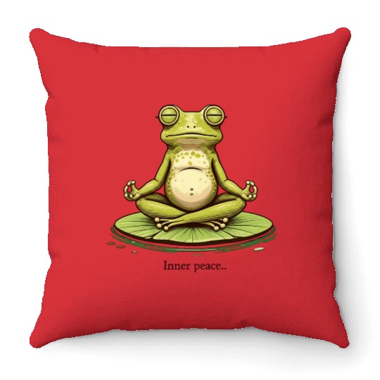 Funny Zen Frog Meditating on Lily Pad – Yoga Throw Pillows