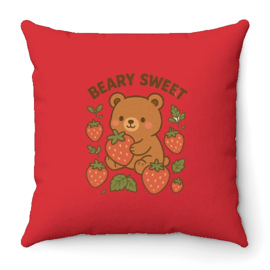 Beary Sweet Cute Bear & Strawberry Graphic Throw Pillows