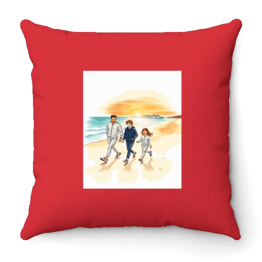 family walking along the beach. Throw Pillows