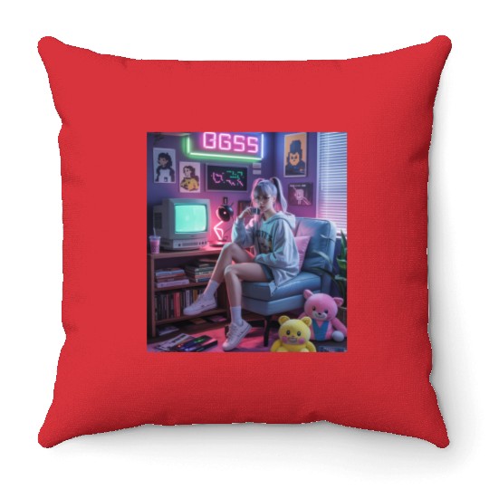 Y2K Gamer Girl Vibes – Retro Tech & Neon Room Aest Throw Pillows