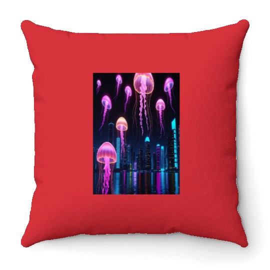 Neon Jellyfish Over Cyber City Throw Pillows