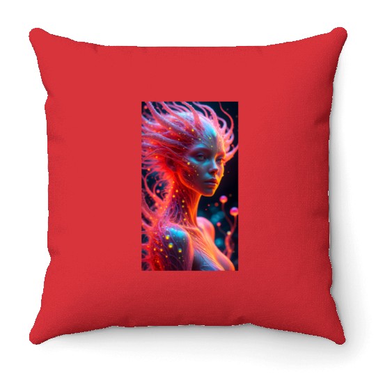 Digital Phoenix - Ethereal Woman with Etherea Ener Throw Pillows