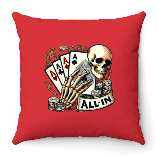 Casino Cards Gambling Skeleton Hand Gothic Throw Pillows