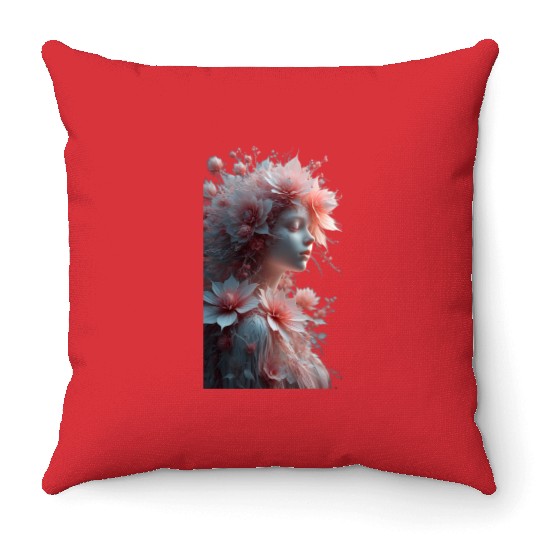 Ethereal Floral Portrait - Woman with Coral Pink Throw Pillows