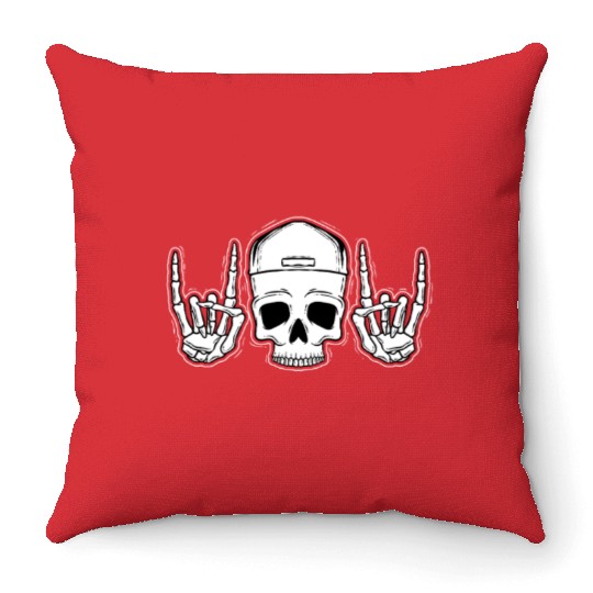 Skull Rock On Skeleton Hands Art Throw Pillows