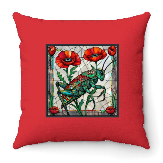 Grasshopper cricket stained glass poppy flower Throw Pillows