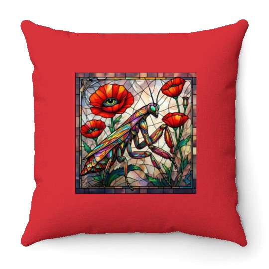 Praying mantis stained glass vibrant poppy flower Throw Pillows