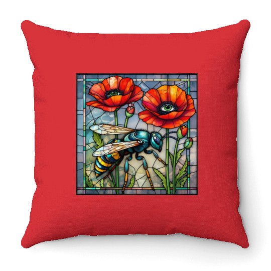Wasp hornet bee stained glass vibrant poppy flower Throw Pillows
