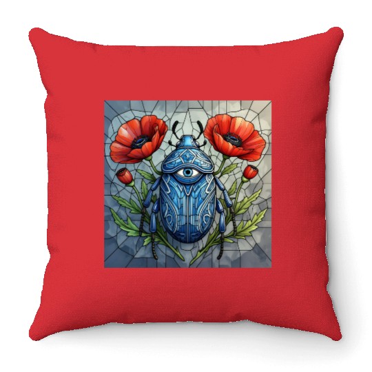 Beetle stained glass bug design vibrant poppy Throw Pillows